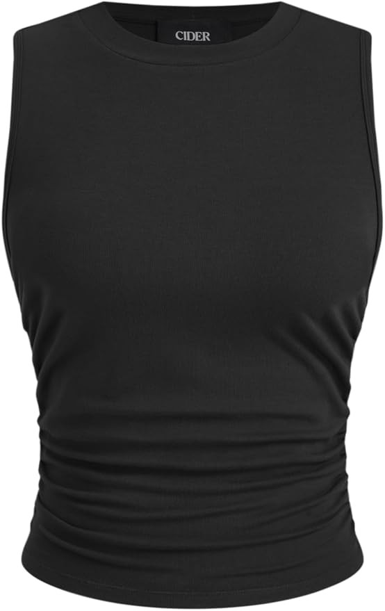 CIDER Womens Tank Tops Sleeveless High Neck Ruched Crop Tops Going Out Casual Basic Ribbed Shirt ... | Amazon (US)