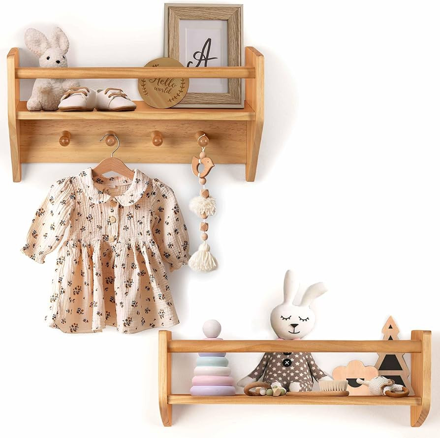 BINGY Nursery Book Shelves - Set of 2 Nursery Wall Shelves with Hooks for Clothes - 2-Tier Nurser... | Amazon (US)