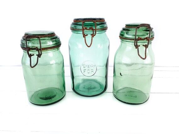 Vintage French glass preserving jar metal clip closure • preserving bottle • glass storage ja... | Etsy (US)