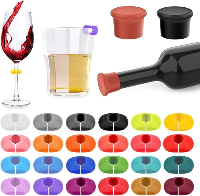 Lasiyanor 26Pcs Wine Glass Charms Tags with Bottle Stopper, Silicone Wine Glass Drink Markers for... | Amazon (US)