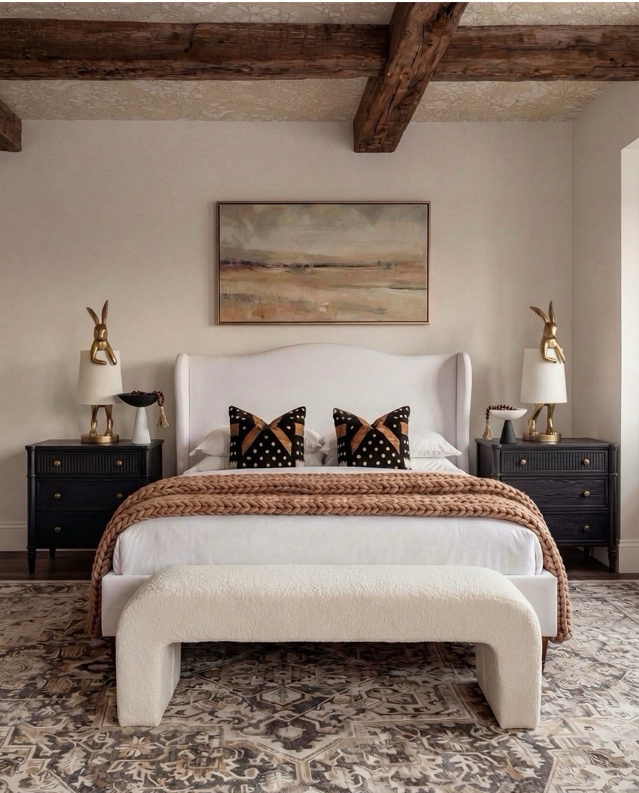 Shop the Look: Bedroom Refresh
• Upholstered wingback bed (ivory fabric)
• White cotton bedding set
• Neutral euro pillows
• Black and tan patterned accent pillows
• Chunky knit throw blanket (camel brown)
• Dark black wood nightstands
• Decorative bunny Brass table lamps with white shades
• Framed abstract wall art (neutral tones)
• Vintage-style area rug (beige and taupe)
• Dark black wood dresser with brass hardware
• Brass ring drawer pulls
• Glass hurricane candle holders
• White pillar candles
• Decorative brass tray
• Sculptural brass decor object
• Small stone sculpture 
• Light beige linen curtains
• Ceramic vase (off-white)
• Decorative branches
• Coffee table books (neutral covers)
• Upholstered bench at foot of bed (cream fabric)
•upholstered wood accent chair 
•round ribbed black end table 


#LTKSaleAlert #LTKHome