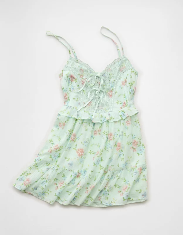 AE V-Neck Tie-Front Embroidered Mini Dress | American Eagle Outfitters (US & CA)