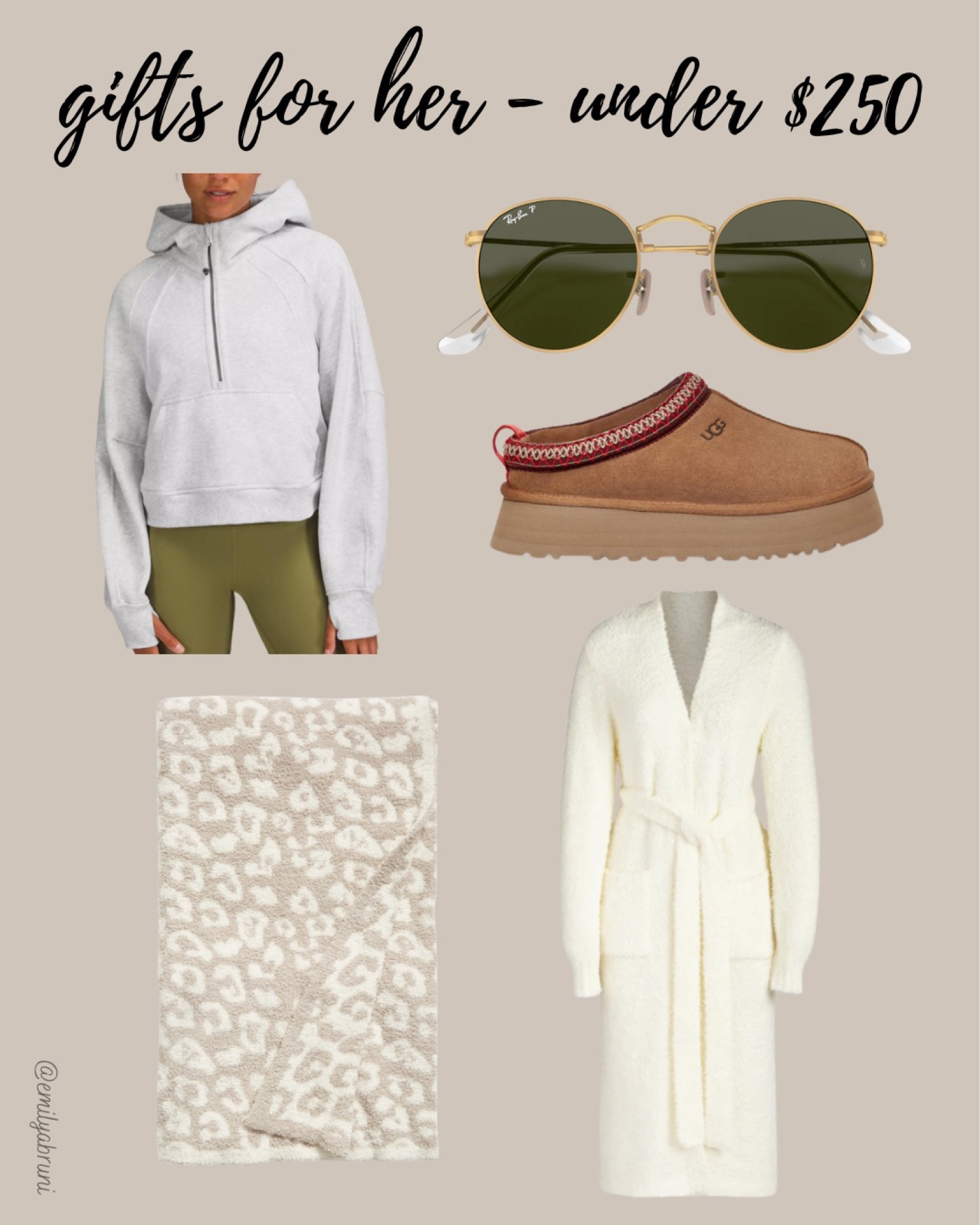 Gifts for her under $250!

- lululemon oversized scuba 
- rayban sunglasses
- Ugg tazz slippers
- barefoot dreams blanket
- skims robe 

#LTKGiftGuide #LTKCyberweek #LTKsalealert