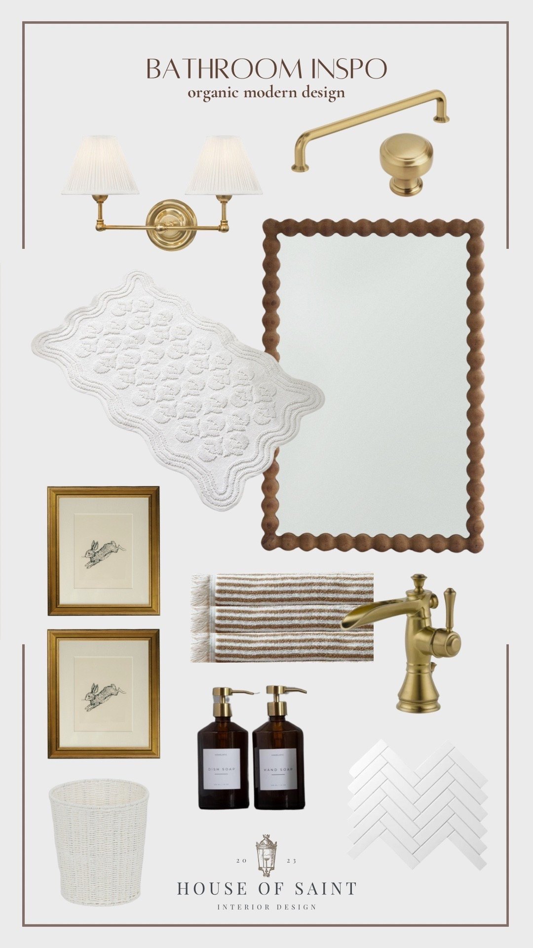 Organic Modern Bathroom Reveal 🛁✨

Bringing calm and character to our space with this neutral bathroom design featuring luxe brass fixtures, a scalloped bath mat, vintage-inspired art prints, and the dreamiest bobble wood mirror. If you’re into warm minimalism, elevated essentials, and natural textures, this one's for you!

Shop the look:
🪞 Statement mirror
🧼 Amber soap dispensers
🖼️ Framed art prints
💡 Brass sconce lighting
🚰 Vintage-style brass faucet
🧺 Woven wastebasket
🛁 Sculpted bath rug
🧴 Striped hand towels
🧱 White herringbone tile

📌 Save this for your next bathroom reno & follow @houseofsaintdesign for more organic modern interior inspo! 
#bathroommakeover #organicmodern #neutralhome #bathroomdesign #ltkhome #brassfixtures #modernbathroom #cozyminimalist #interiordesign 

 

#LTKHome