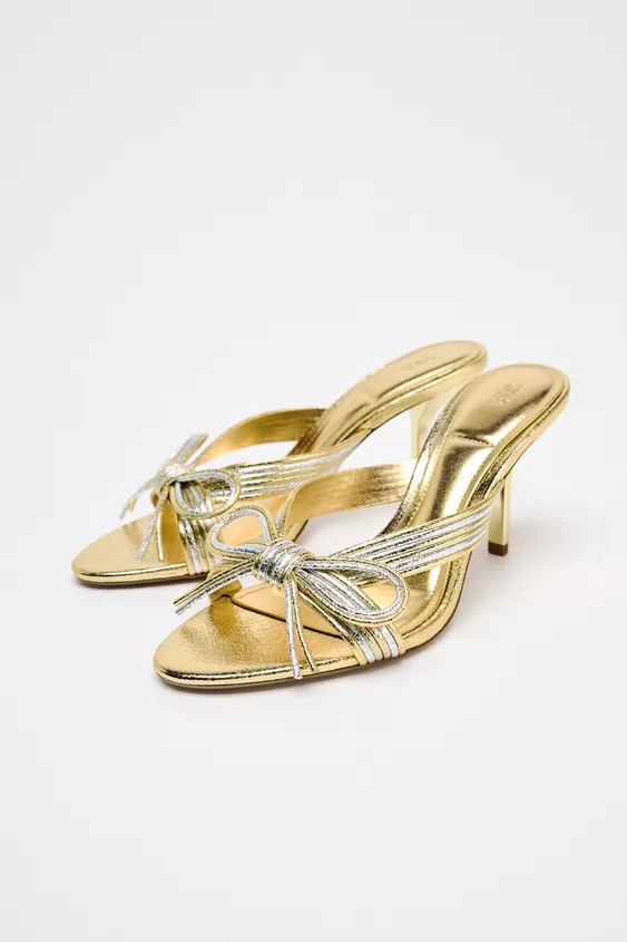 METALLIC BOW HEELED SANDALS | Zara US