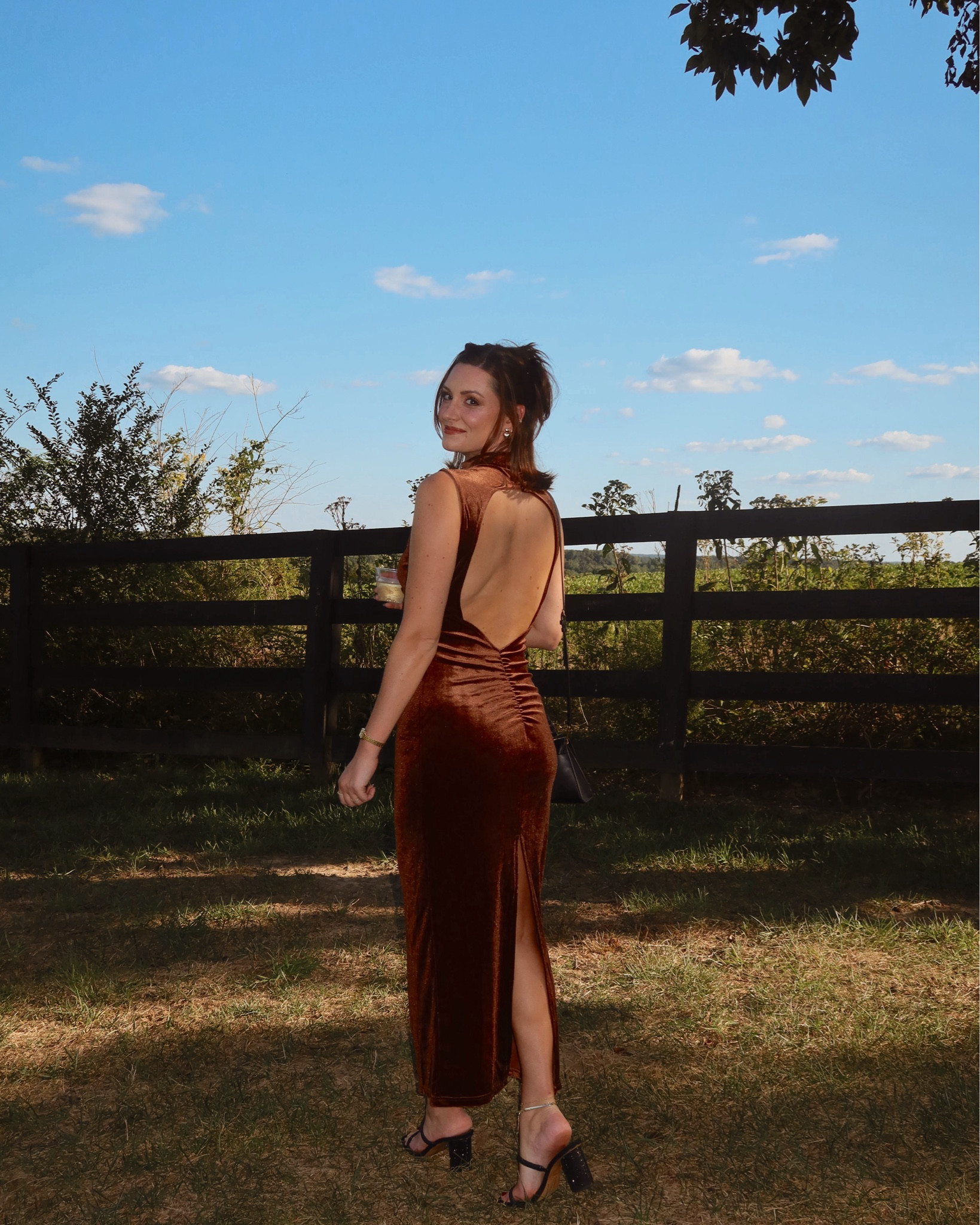 brown velvet open back wedding guest dress 🤎 wearing a size small, color coffee  

#LTKSeasonal #LTKWedding #LTKFindsUnder100