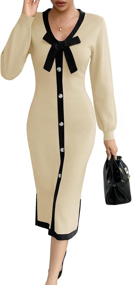 Wenrine Womens V Neck Sweater Dress Fall Long Sleeve Button Knit Bodycon Color Block Bow Tie Eleg... | Amazon (US)
