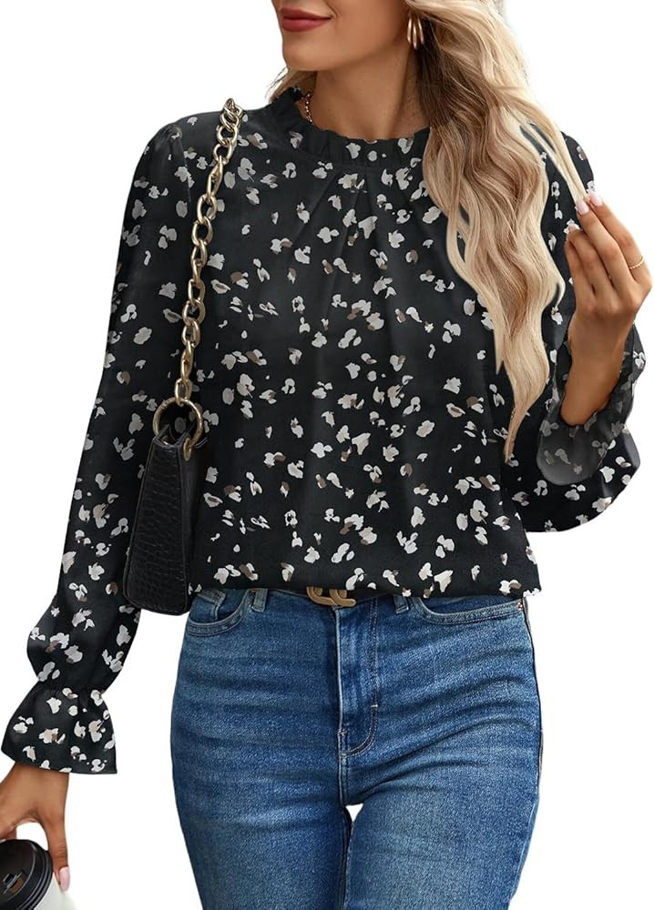 Women's Swiss Dot Shirt Ruffle Long Sleeve Pleated Crewneck Blouse Casual Loose Tops | Amazon (US)