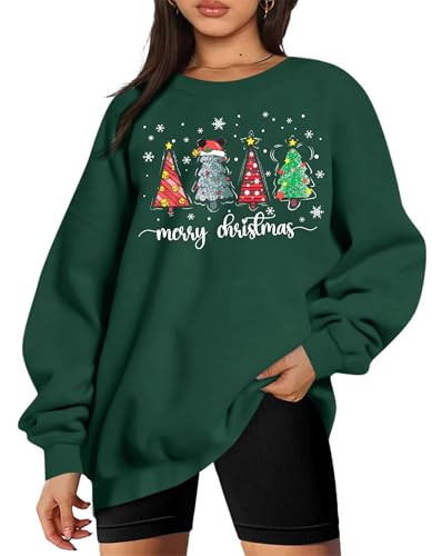 QLIPIN Merry Christmas Sweatshirt Christmas Tree Sweatshirts Women Oversized Xmas Crewneck Holiday Sweater Shirts Green | Amazon (US)