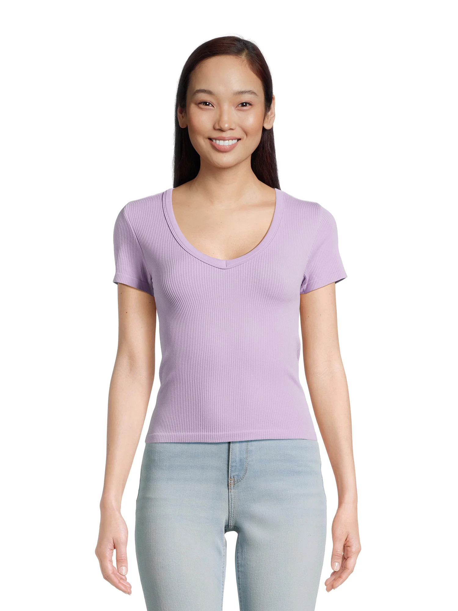No Boundaries Juniors’ Seamless V-Neck Tee with Short Sleeves - Walmart.com | Walmart (US)