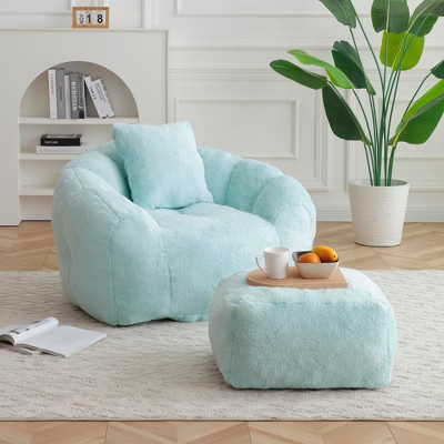 PAGED Giant Bean Bag Chair with Footstool, Faux Fur Shell-Shaped Lazy Floor Sofa Chair with High-Quality Foam, Beanbag Chair for Bedroom, Light Blue | Target