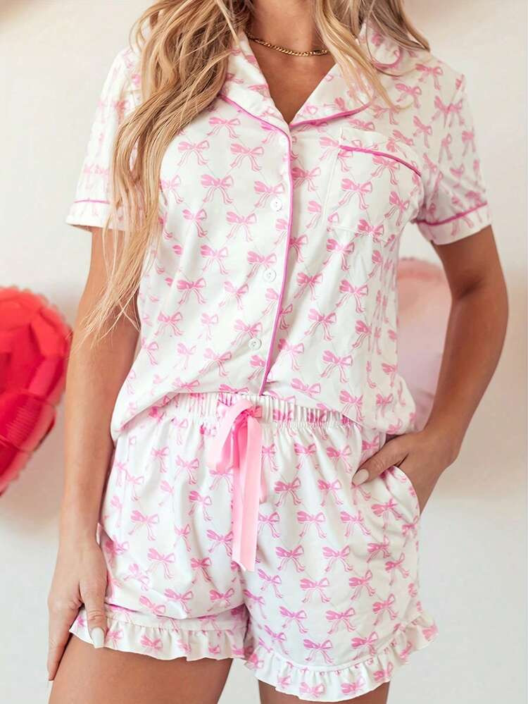 2pcs Pink Bow Print Ruffle Short Sleeve Shorts Pajamas Set For Women | SHEIN