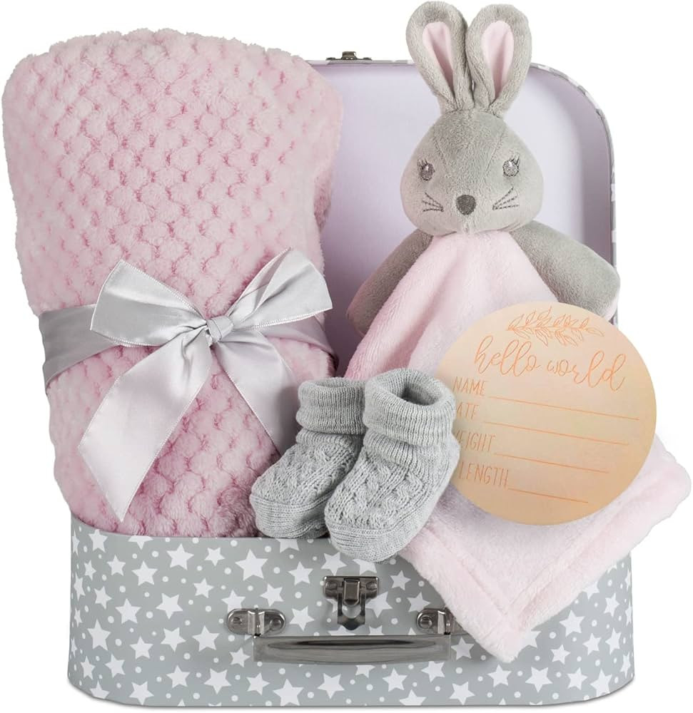 Baby Girl Gift Set New Born Baby Gift Baby Pink Bunny Security Blanket Soft Fleece, Suitcase Keep... | Amazon (US)
