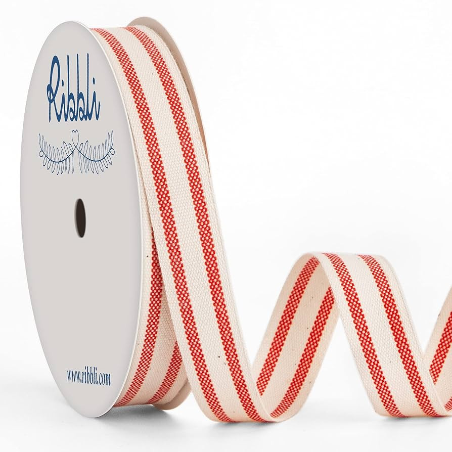 Ribbli Natural Cotton Stripe Ribbon,5/8 Inch x 10 Yard Spool,Natural/Red,Farmhouse Rinbbon,Use fo... | Amazon (US)