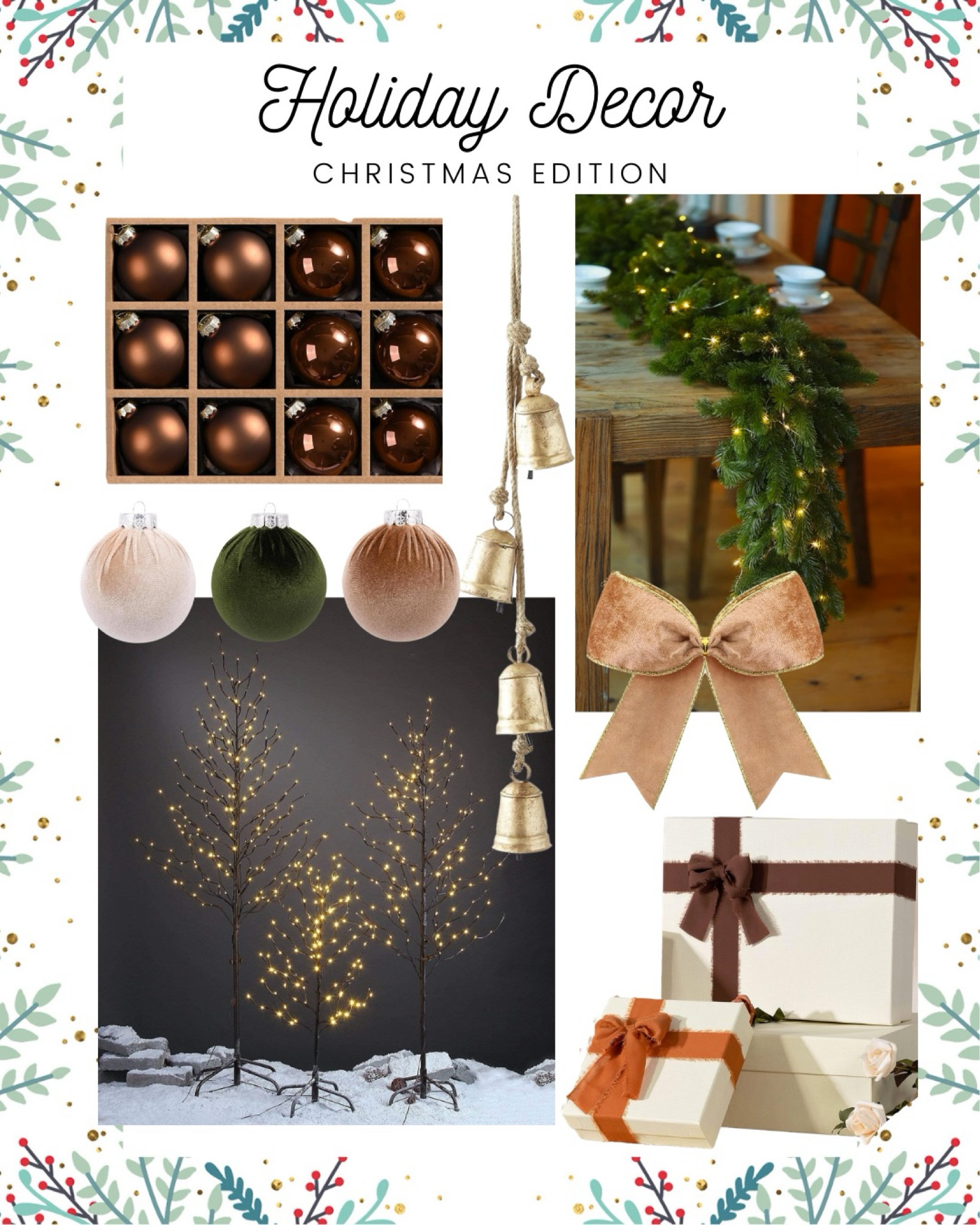 Christmas decor neutrals brown Christmas decorations 
Garland 
Bows
Ribbon 
Bells 


#LTKhome #LTKSeasonal #LTKHoliday