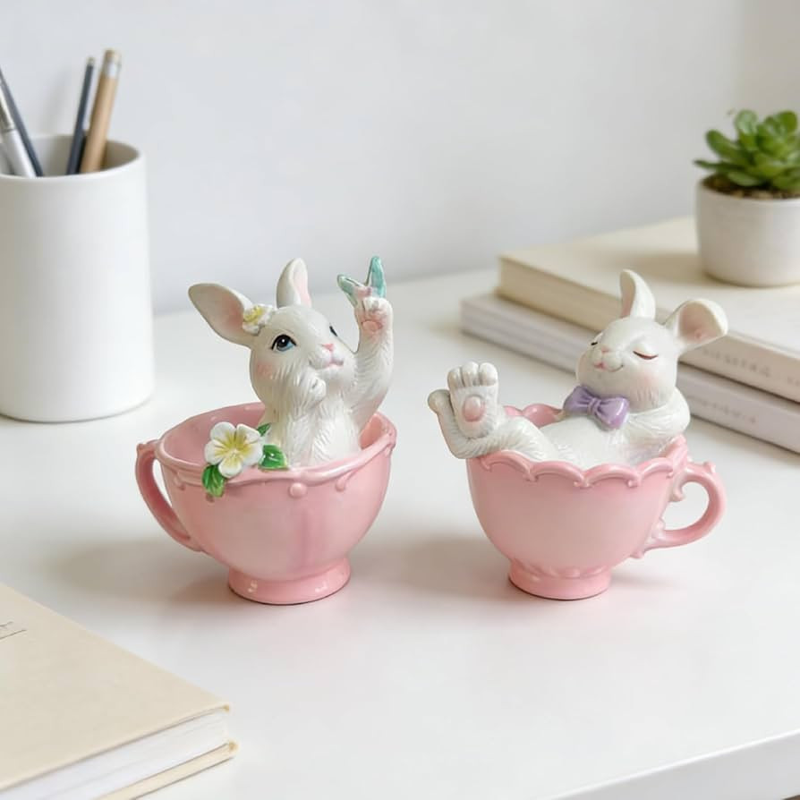 Cynkeyee Easter Decorations Bunny Figurine - 2 Pcs Cute Bunny in Pink Teacup Bunny for Table Deco... | Amazon (US)
