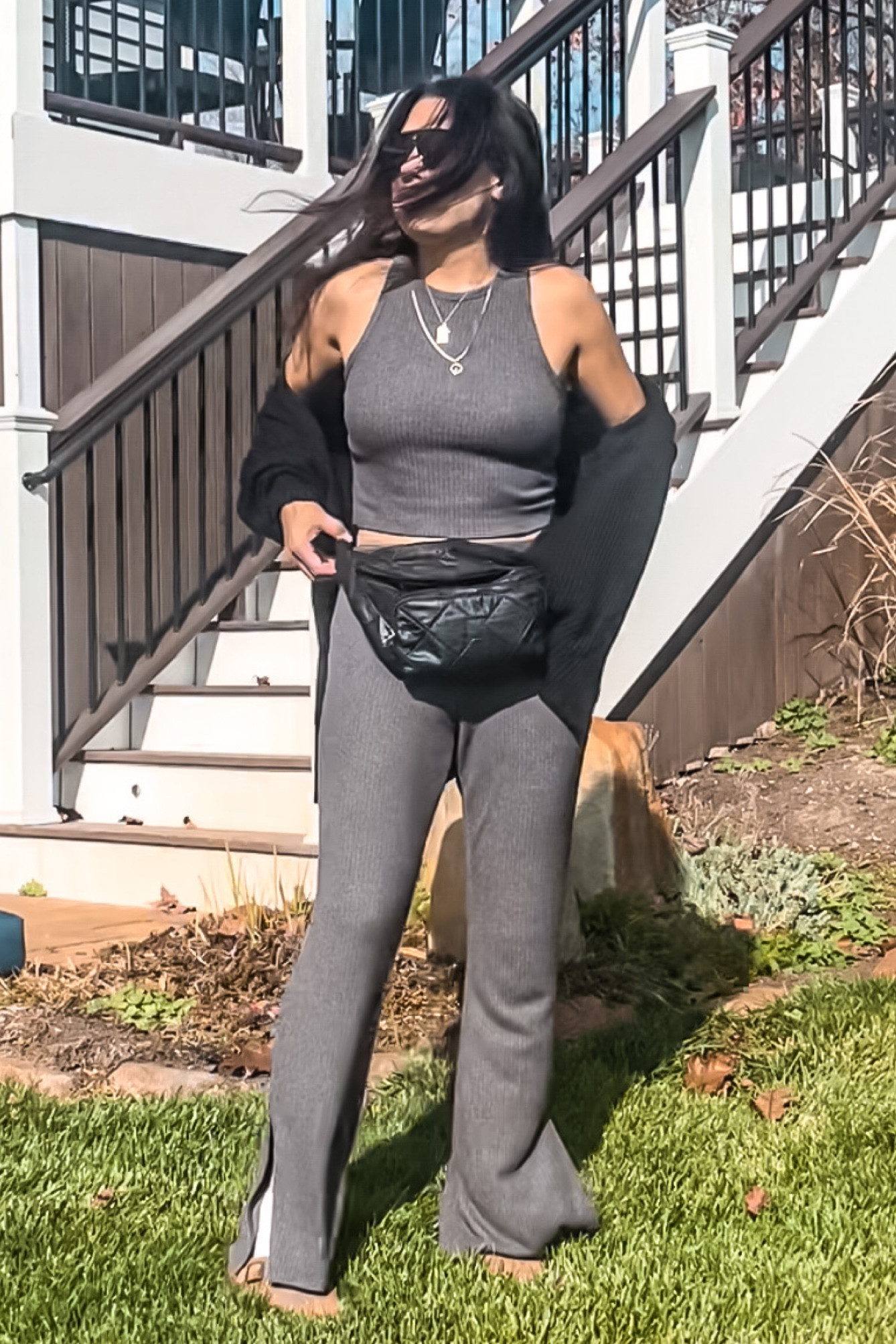 Designer belt bags 
- dress up or down ribbed knit tank and flare pants  ( wears like a SKIMS set ) 
- Black on black oversized sunglasses 

#LTKunder50 #LTKsalealert #LTKSeasonal
