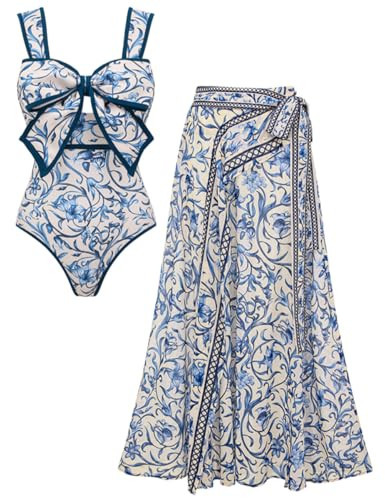 FLAXMAKER Black and White Swimsuit Bow-tie Decor Women's Polka dot Print Skirt One Piece Bathing Suit with Skirt(Blue,S) | Amazon (US)