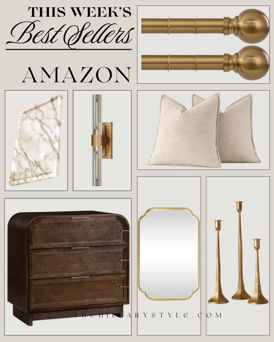 THIS WEEK’S AMAZON BEST SELLERS! These DESIGNER-INSPIRED HOME FINDS have been some of the most popular pieces lately. From the BRASS CURTAIN RODS and MARBLE DECOR to the FLUTED NIGHTSTAND, LINEN PILLOWS, GOLD MIRROR, and ELEGANT CANDLESTICKS, these pieces instantly create that polished, high-end look designers love.

#Amazon #TheHillaryStyle #AmazonHome #HomeBestSellers #DesignerHomeFinds #LuxuryForLess #NeutralHomeDecor #ModernOrganicDecor #InteriorInspo #AmazonHomeFinds 

 #LTKU #LTKOver40 #LTKHome