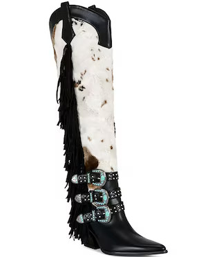 Azalea Wang Gwayne Cow Print Faux Fur Fringe Buckle Hardware Over The Knee Western Boots | Dillar... | Dillard's