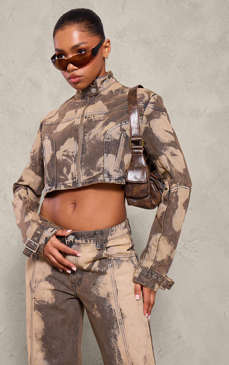 Brown Bleached Detail Buckle Cropped Denim Jacket | Pretty Little Thing (Australia & New Zealand)