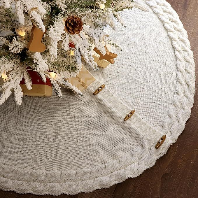 Christmas Tree Skirt 48 Inches: Chunky Cable Knit Round Cream White Tree Skirt, Thick Rustic Chri... | Amazon (US)