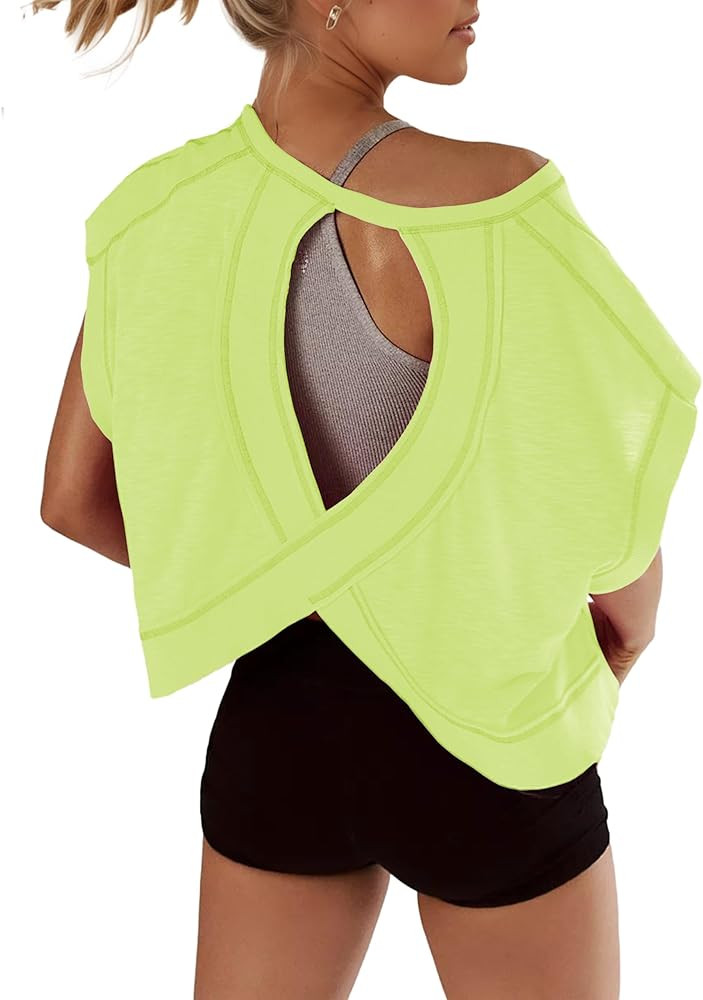 Open Back Tops for Women Oversized Short Sleeve Workout T Shirts Backless Y2k Athletic Crop Runni... | Amazon (US)