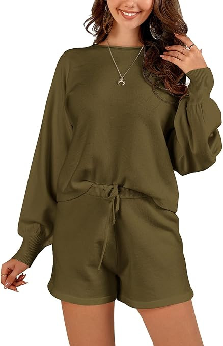 FISACE Womens 2 Piece Knit Outfits Batwing Sleeve Lounge Sets Casual Crop Top Shorts Sweatsuit | Amazon (US)