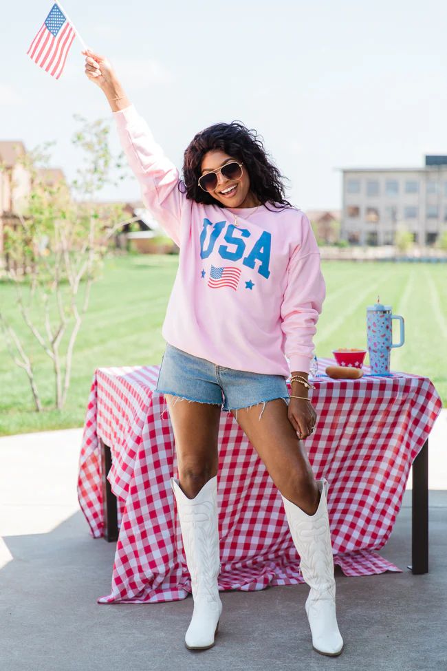 USA Flag Light Pink Oversized Graphic Sweatshirt | Pink Lily