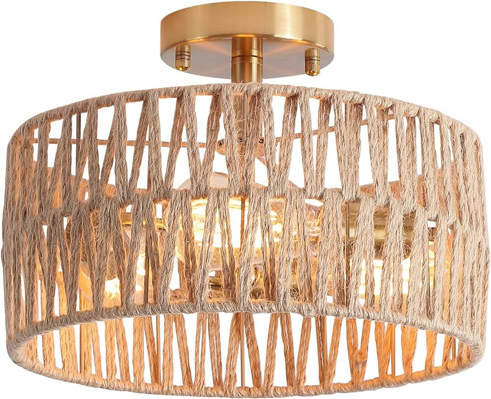3-Light Antique Gold Woven Flush Mount Light Fixture Rustic Coastal Hemp Rope Brass Semi Flush Mo... | Amazon (US)
