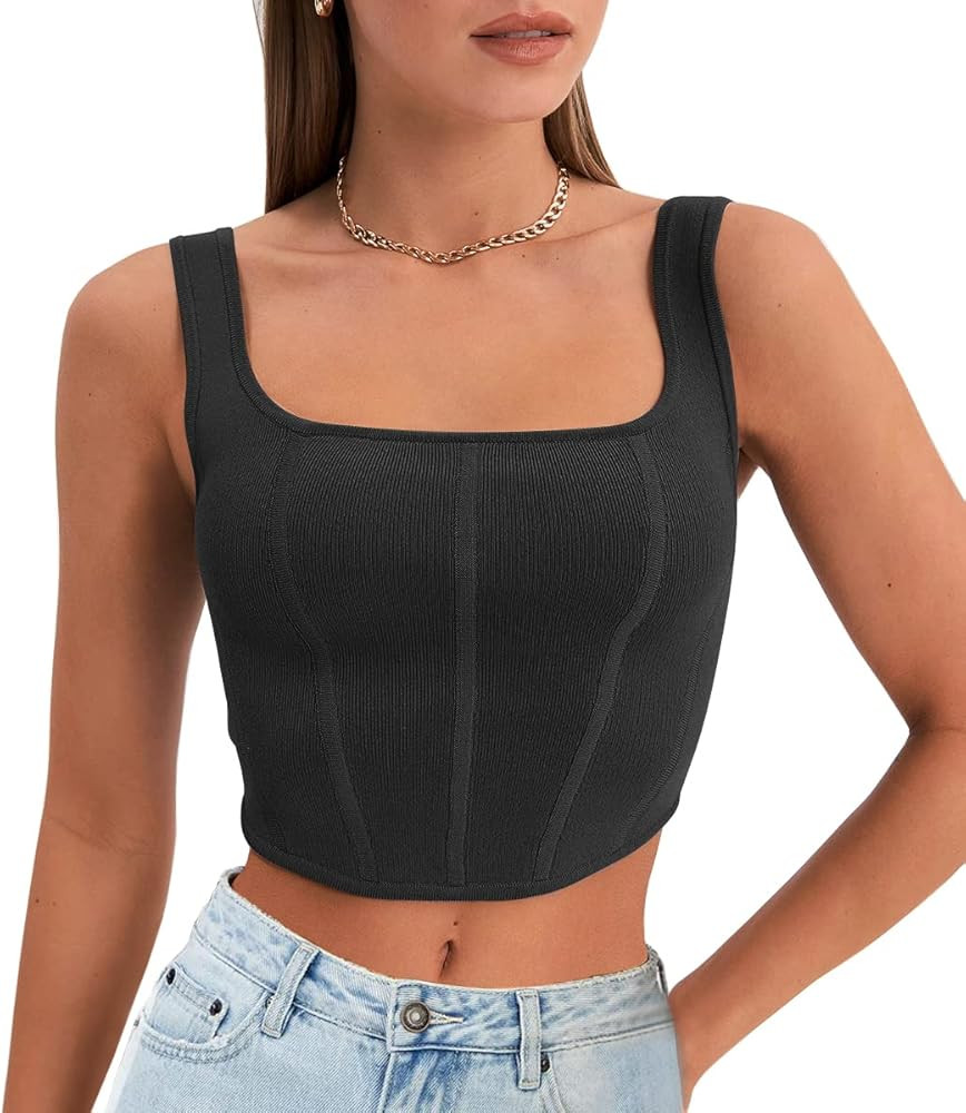 LILLUSORY Women's 2023 Summer Going Out Corset Tank Top Square Neck Curve Hem Ribbed Knit Crop To... | Amazon (US)