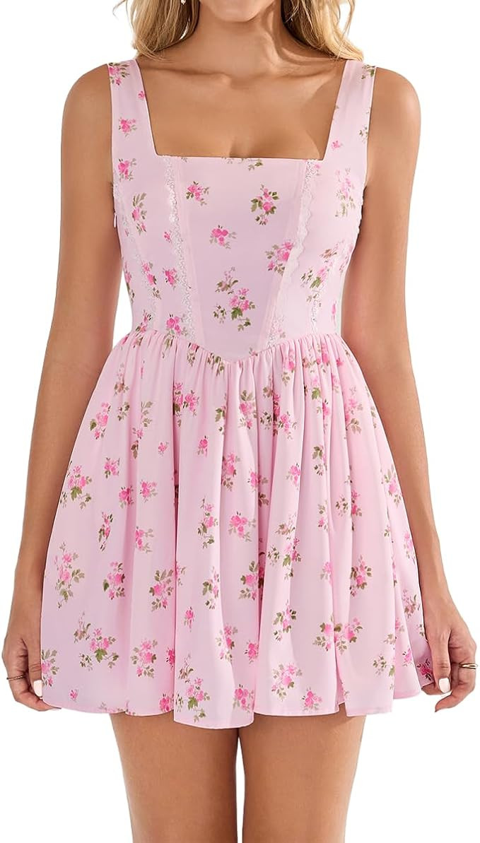 Women Summer Floral Mini Dress Smocked A Line Lace Graduation Casual Sundress with Pockets 2026 | Amazon (US)