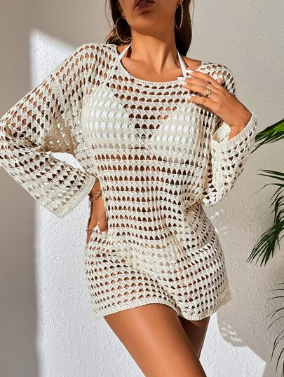 SHEIN Swim BohoFeel Hollow Out Drop Shoulder Cover Up Without Bikini | SHEIN