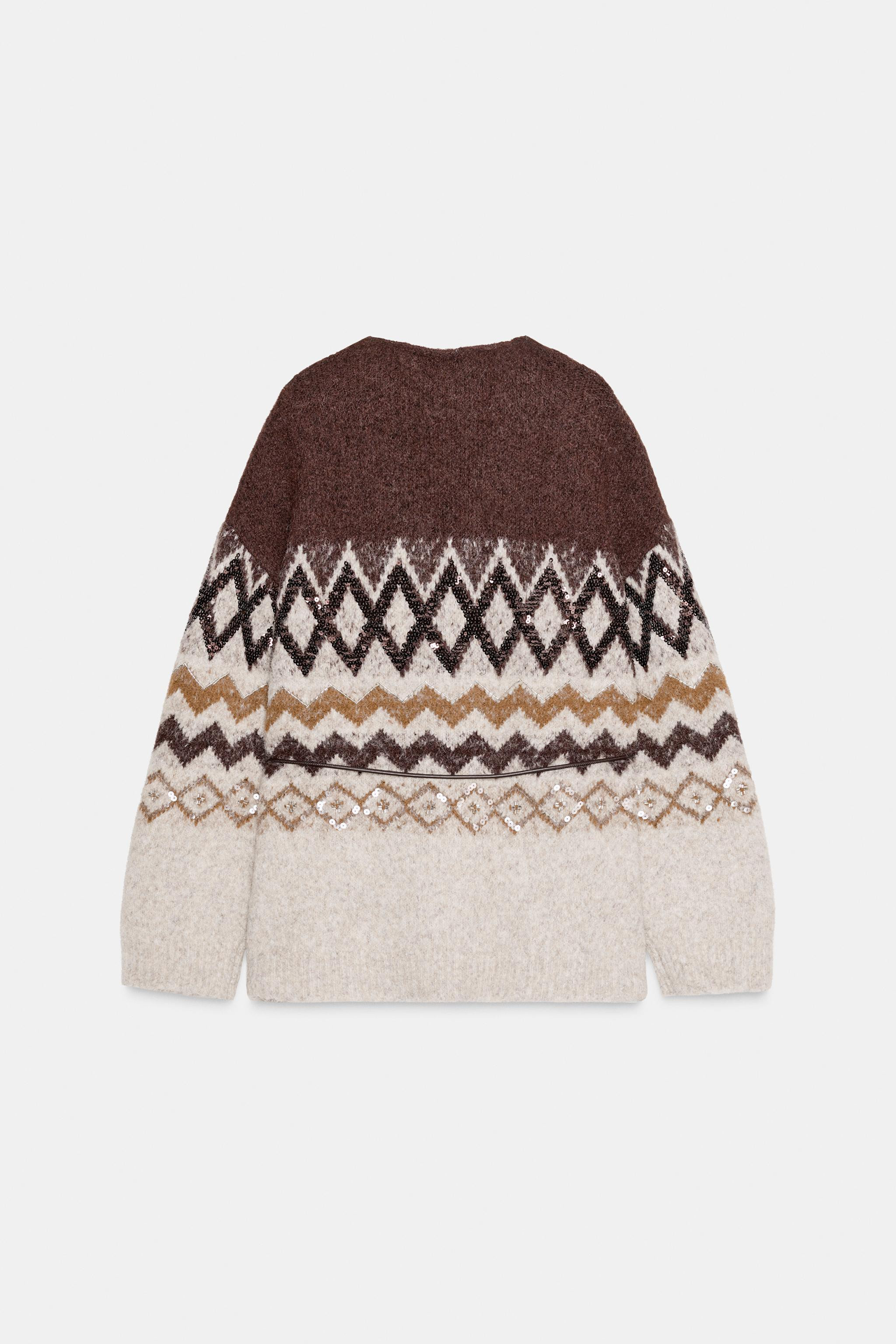 JACQUARD SEQUIN KNIT CARDIGAN WITH BELT | Zara UK