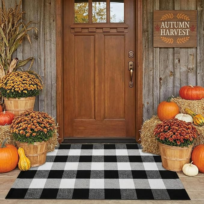 SEEKSEE Fall Decor Buffalo Plaid Outdoor Rug 27.5x43 Black and White Front Door Mat, Layering Rug... | Amazon (US)