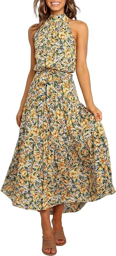 ZCSIA Women's Sleeveless Halter Neck Boho Floral Print Backless Flowy Beach Long Maxi Belted Dres... | Amazon (US)