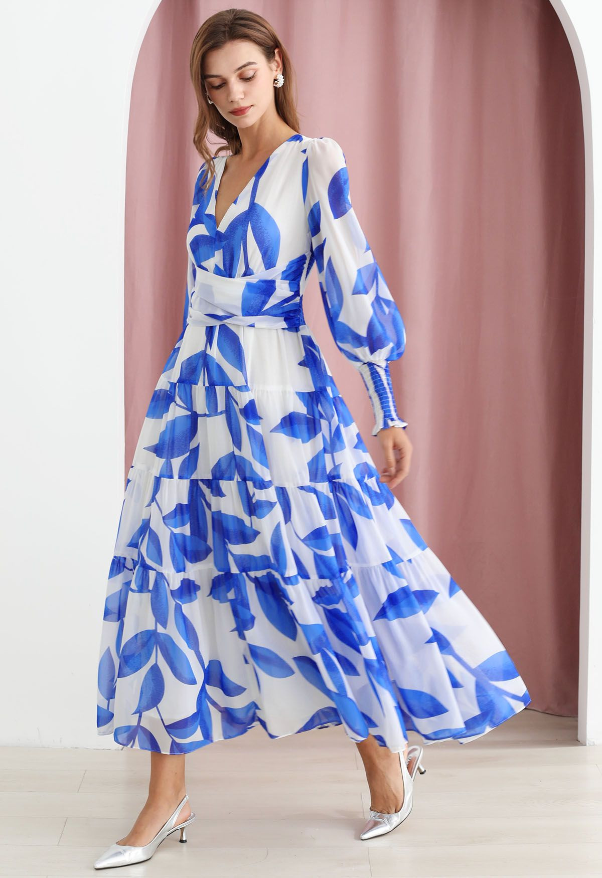 Blue Leaf Crisscross Waist Chiffon Maxi Dress | Chicwish