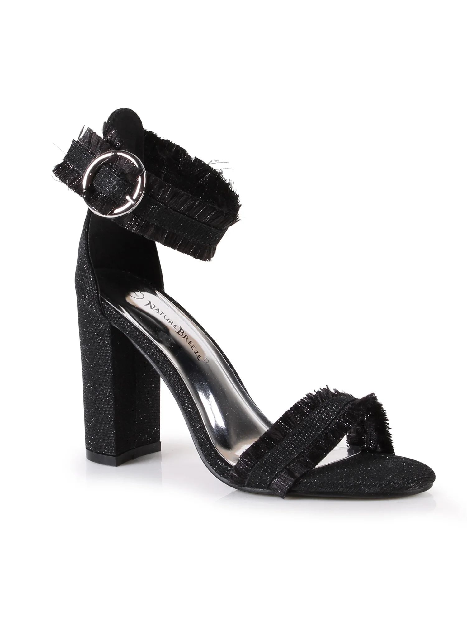 Netted-glitter Tassels-fringe Ankle Strap Women's Chunky Heel Sandals in Black - Walmart.com | Walmart (US)