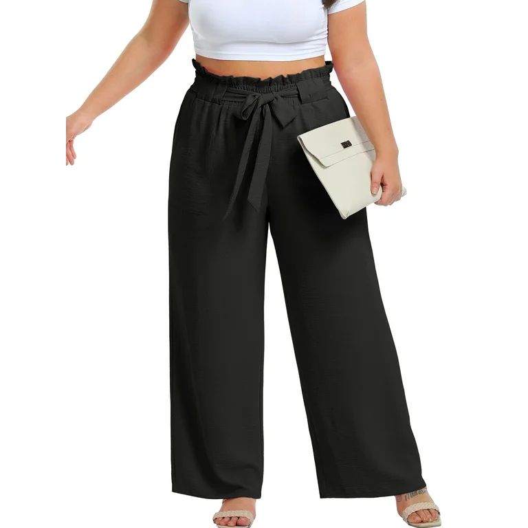 Cueply Womens Wide Leg Pants Plus Size Elastic Tie Knot Lounge Pants Loose Trousers with Pockets | Walmart (US)