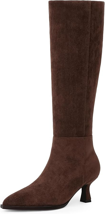 Modatope Knee High Boots Kitten Low Heel Faux Leather Pointed Toe Side Zipper Fall Long Tall Boot... | Amazon (US)