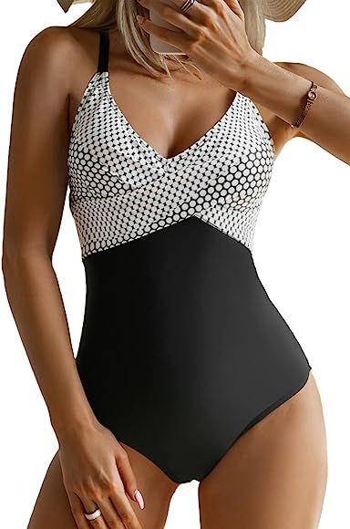 B2prity Women's One Piece Swimsuits Tummy Control Front Cross Bathing Suits Slimming Swimsuit V Neck | Amazon (US)