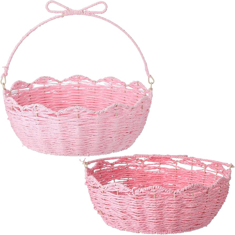 2 Pcs Pink Bow Wicker Easter Basket with Folding Handles Scalloped Pink Baskets for Gifts Cute Pi... | Amazon (US)