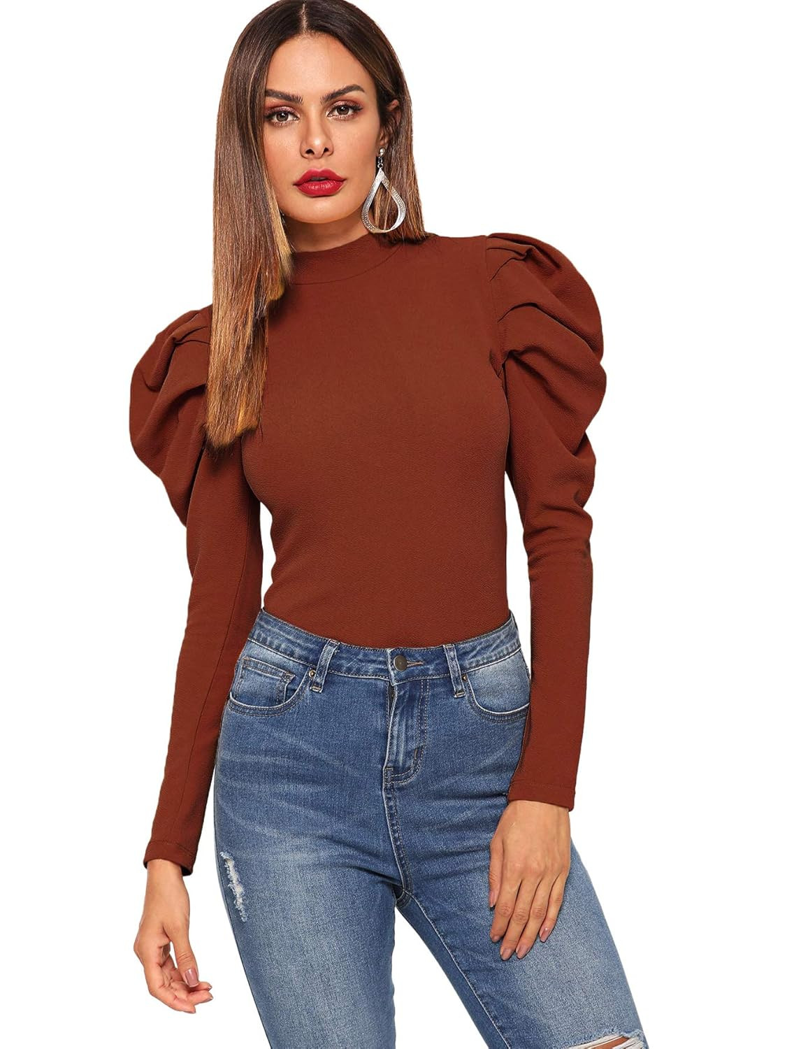 Romwe Women's Elegant Mock Neck Keyhole Back Leg-of-Mutton Long Sleeve Blouse | Amazon (US)