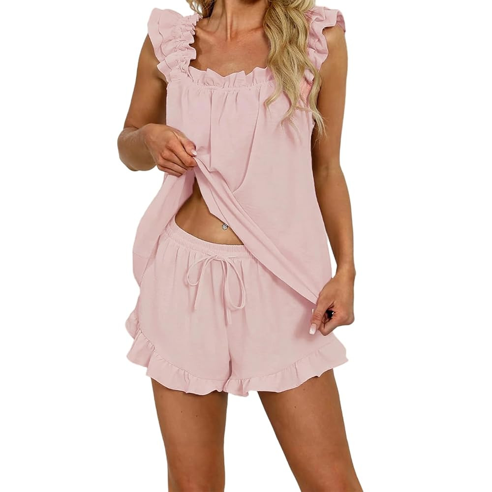 FOMOYUU Women's Summer Pajama Sets Cute Ruffle Trim Cami Top and Shorts Set Matching Pj Outfits S... | Amazon (US)