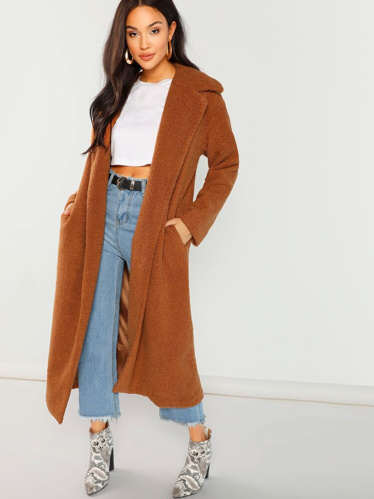 Solid Longline Faux Fur Teddy Coat | SHEIN