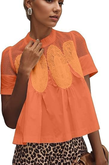 MISSACTIVER Women Lace Trim Short Sleeve Blouse Swing Crew Neck Ruffle Hem Mesh Shirts Summer Loo... | Amazon (US)
