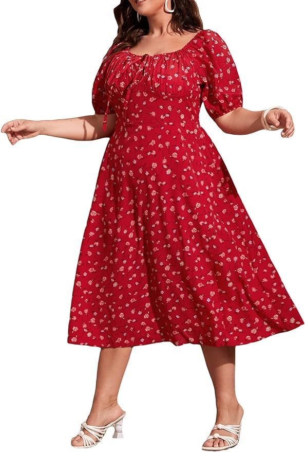 Floerns Women's Plus Size Floral Print Tie Front Square Neck Slit Hem Midi Dress | Amazon (US)