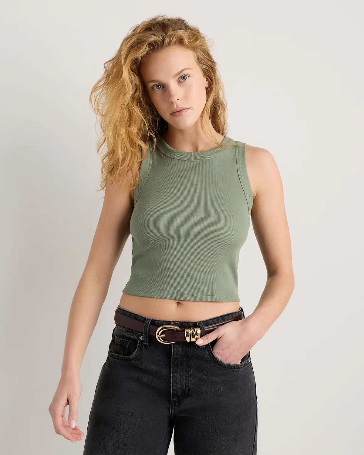 Organic Cotton Micro-Rib Cropped Cutaway Tank | Quince