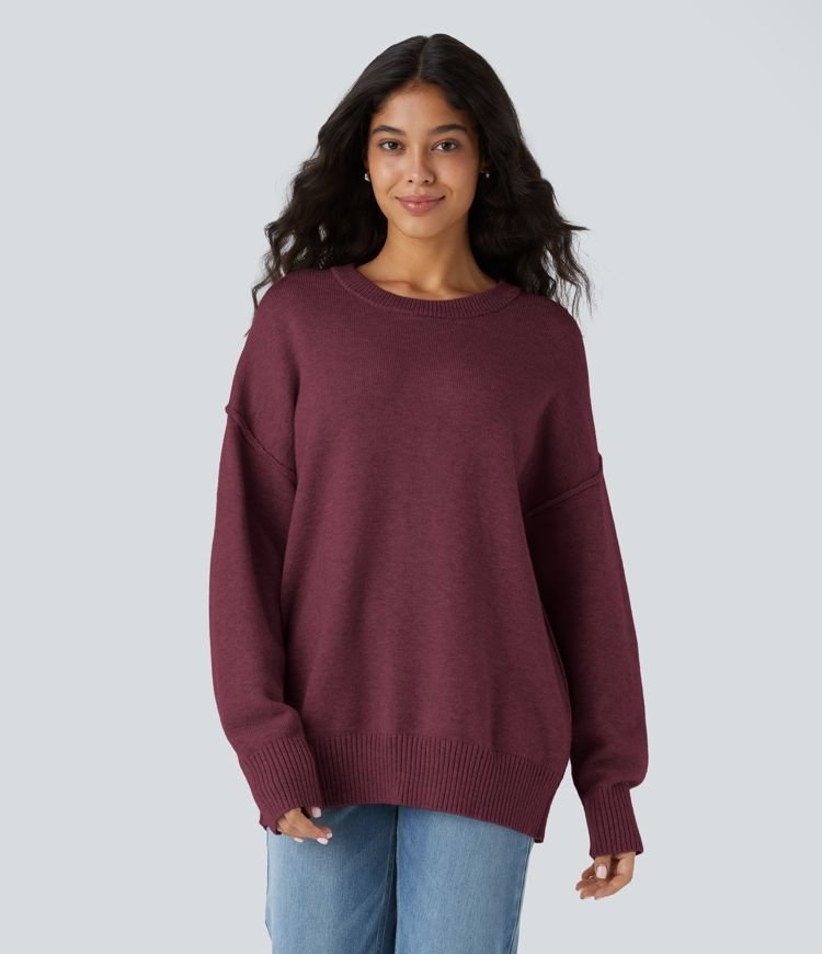 Women’s Round Neck Dropped Shoulder Long Sleeve Casual Sweater - Halara | HALARA