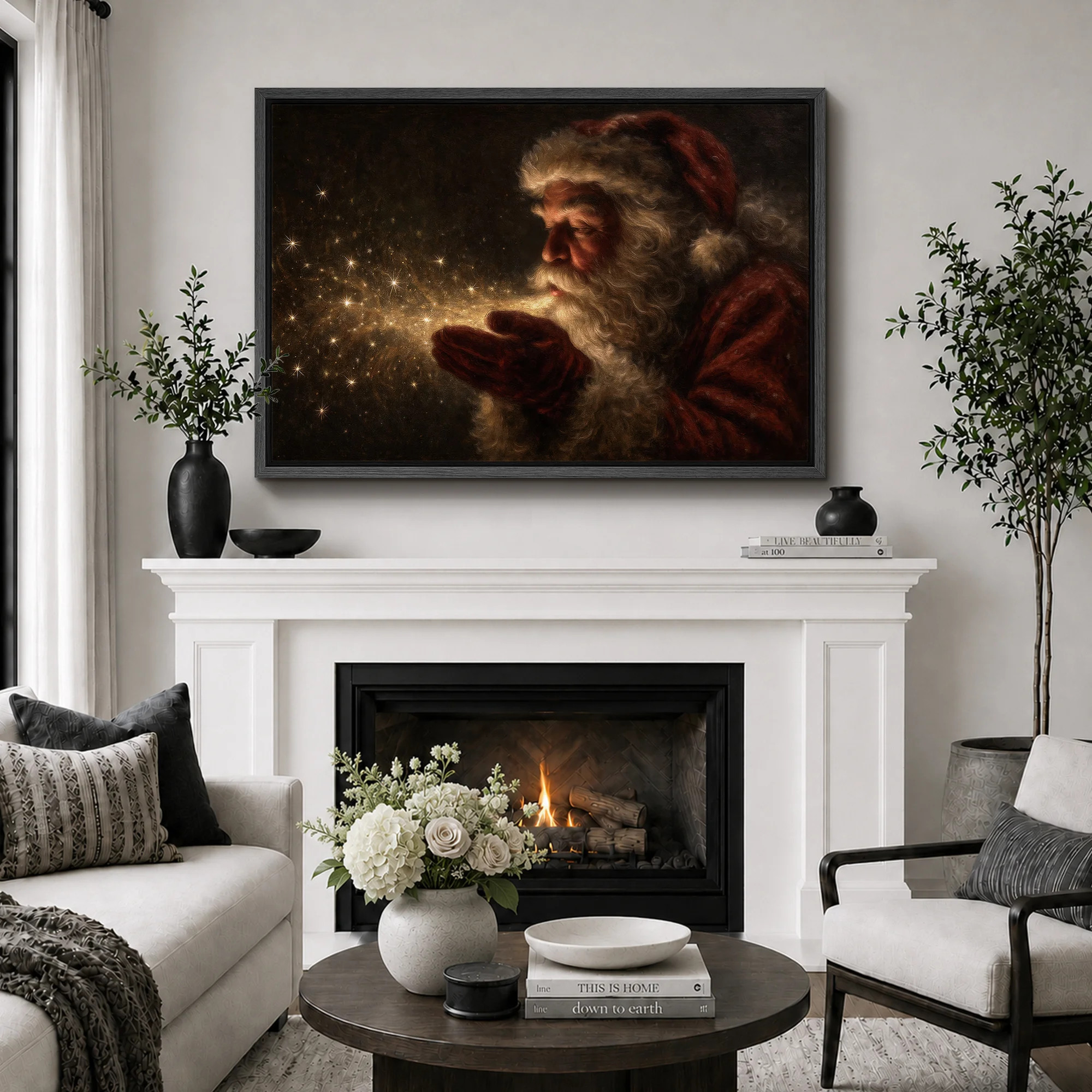 Santa Blowing Magical Stars Christmas Scene Print Pictures Frame Canvas Print Wall Art | Wayfair North America